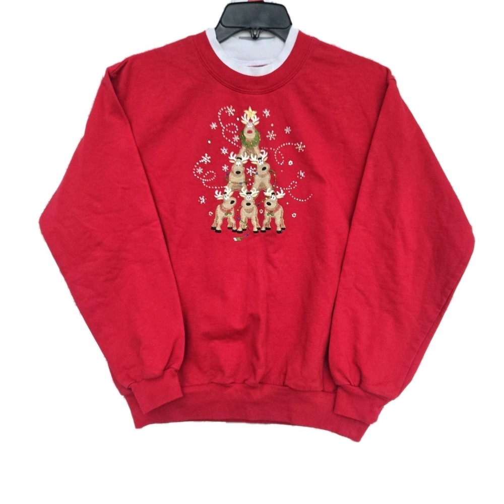 VTG Red Christmas Reindeer Tree Embroidered Sweatshirt Ugly Sweater Holiday L
